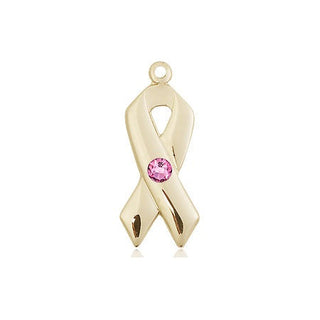 14kt Gold Cancer Awareness Medal with a 3mm Rose Swarovski stone