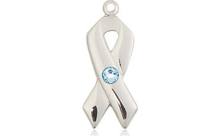 Sterling Silver Cancer Awareness Pendant with a 3mm Aqua Swarovski stone on an 18-inch Sterling Silver Light Curb Chain