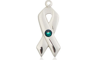 Sterling Silver Cancer Awareness Pendant with a 3mm Emerald Swarovski stone on an 18-inch Sterling Silver Light Curb Chain