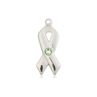 Sterling Silver Cancer Awareness Pendant with a 3mm Peridot Swarovski stone on an 18-inch Sterling Silver Light Curb Chain