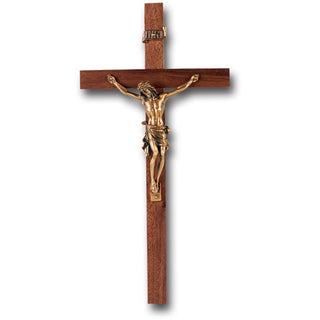 10" Walnut Wood Cross With Museum Gold Corpus