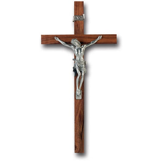 10" Walnut Wood Cross With Pewter Corpus