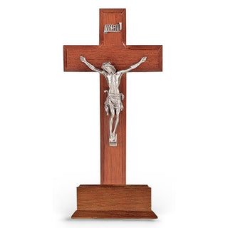 10"Standing Walnut Wood Cross Base with Pewter Crucifix