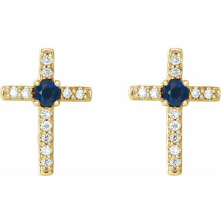 14K Yellow Lab-Grown Blue Sapphire & .05 CTW Natural Diamond Cross Earrings