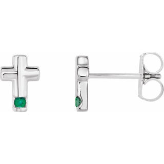 14K White Natural Emerald Cross Earrings
