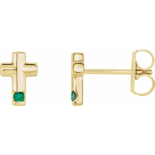14K Yellow Natural Emerald Cross Earrings