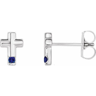 14K White Natural Blue Sapphire Cross Earrings