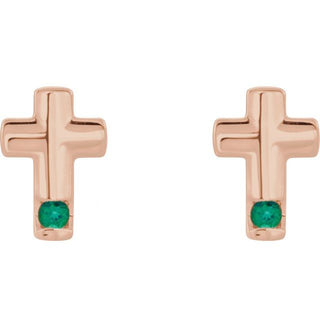 14K Rose Natural Emerald Cross Earrings
