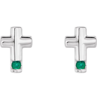 14K White Natural Emerald Cross Earrings