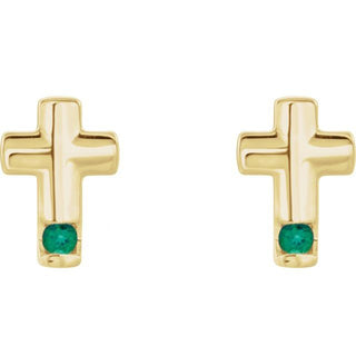 14K Yellow Lab-Grown Emerald Cross Earrings