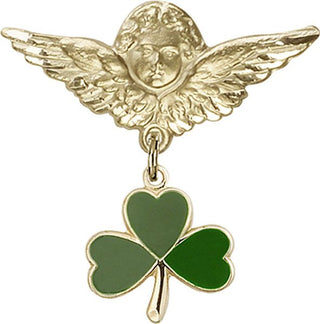 14kt Gold Large Angel w/Wings Shamrock Baby Badge