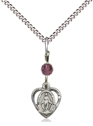 Pewter Miraculous Medal with an Amethyst bead Religious and Catholic Jewelry