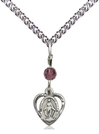 Sterling Silver Miraculous Medal with an Amethyst bead Religious and Catholic Jewelry