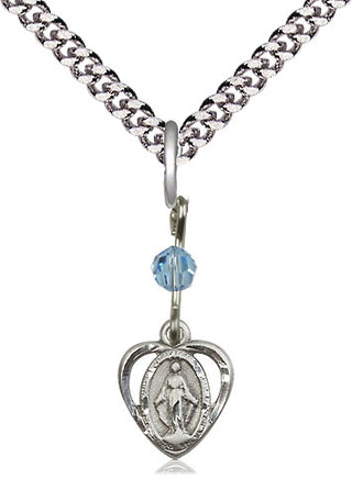 Pewter Miraculous Medal with an Aqua bead Religious and Catholic Jewelry