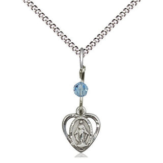 Sterling Silver Miraculous Medal with an Aqua bead Religious and Catholic Jewelry
