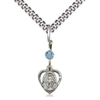 Sterling Silver Miraculous Medal with an Aqua bead Religious and Catholic Jewelry