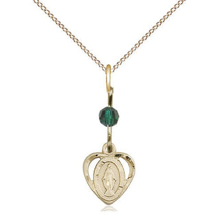 14kt Gold Filled Miraculous Medal with Emerald bead Religious and Catholic Jewelry