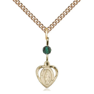 14kt Gold Filled Miraculous Medal with Emerald bead Religious and Catholic Jewelry