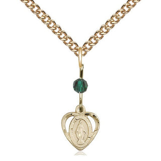 14kt Gold Filled Miraculous Medal with Emerald bead Religious and Catholic Jewelry