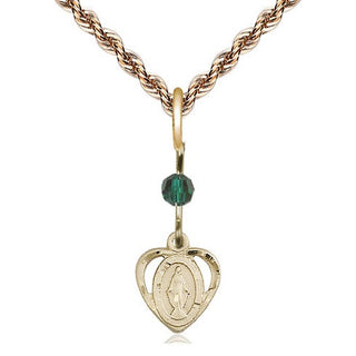 14kt Gold Filled Miraculous Medal with Emerald bead Religious and Catholic Jewelry