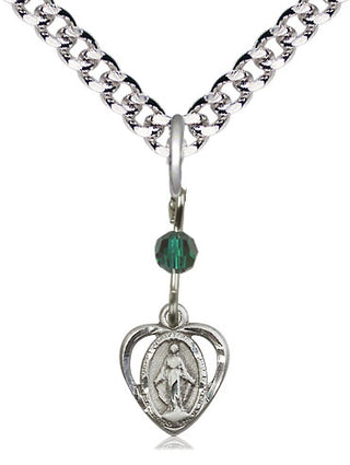 Pewter Miraculous Medal with Emerald bead Religious and Catholic Jewelry