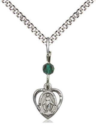 Pewter Miraculous Medal with Emerald bead Religious and Catholic Jewelry