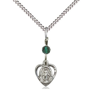 Sterling Silver Miraculous Pendant with a Emerald bead on an 18-inch Light Rhodium Light Curb Chain