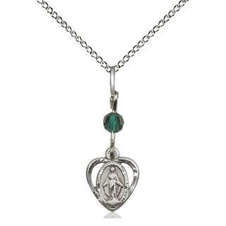 Sterling Silver Miraculous Pendant with Emerald bead on an 18-inch Light Rhodium Light Curb Chain