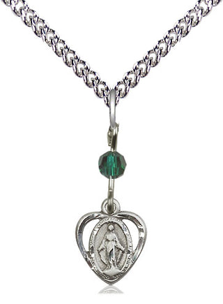 Sterling Silver Miraculous Pendant with Emerald bead on an 18-inch Light Rhodium Light Curb Chain