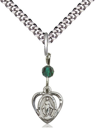 Sterling Silver Miraculous Pendant with Emerald bead on an 18-inch Light Rhodium Light Curb Chain