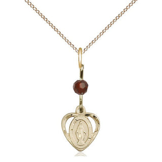 14kt Gold Filled Miraculous Medal with Garnet bead Religious and Catholic Jewelry