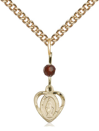 14kt Gold Filled Miraculous Medal with Garnet bead Religious and Catholic Jewelry
