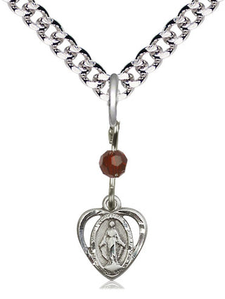 Pewter Miraculous Medal with Garnet bead Religious and Catholic Jewelry