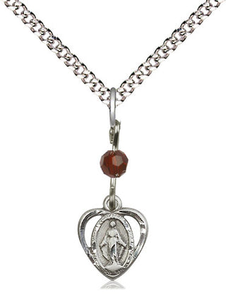 Pewter Miraculous Medal with Garnet bead Religious and Catholic Jewelry