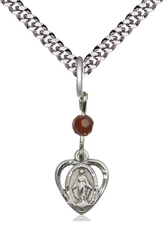 Pewter Miraculous Medal with Garnet bead Religious and Catholic Jewelry