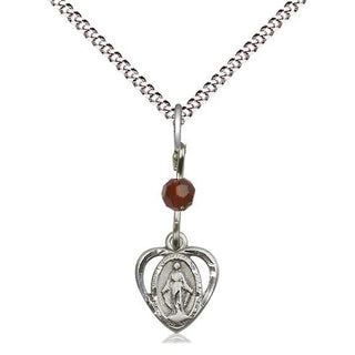Sterling Silver Miraculous Medal with Garnet bead Religious and Catholic Jewelry