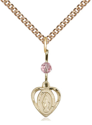 14kt Gold Miraculous Medal with a Light Rose bead