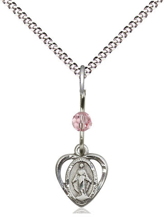 Pewter Miraculous Medal with Light Rose bead Religious and Catholic Jewelry