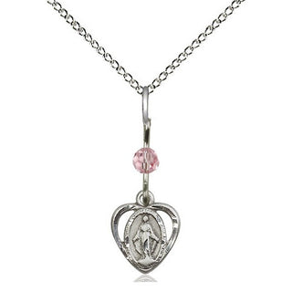 Sterling Silver Miraculous Medal with Light Rose bead Religious and Catholic Jewelry