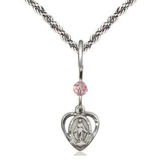 Sterling Silver Miraculous Medal with Light Rose bead Religious and Catholic Jewelry