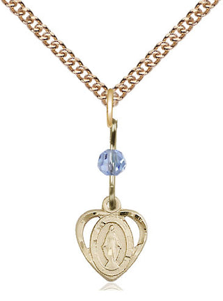 14kt Gold Filled Miraculous Medal with Light Sapphire bead Religious and Catholic Jewelry