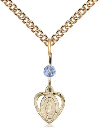 14kt Gold Miraculous Medal with a Light Sapphire bead