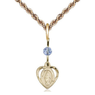 14kt Gold Miraculous Medal with a Light Sapphire bead
