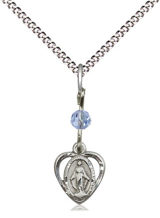 Pewter Miraculous Medal with Light Sapphire bead Religious and Catholic Jewelry