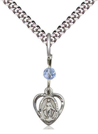 Pewter Miraculous Medal with Light Sapphire bead Religious and Catholic Jewelry