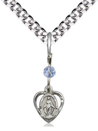 Pewter Miraculous Medal with Light Sapphire bead Religious and Catholic Jewelry