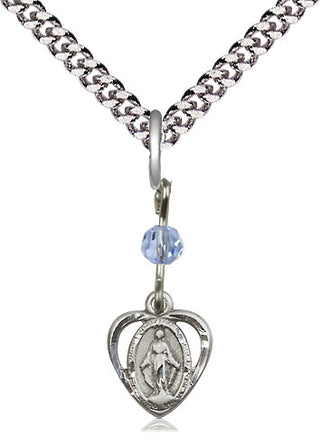 Pewter Miraculous Medal with Light Sapphire bead Religious and Catholic Jewelry
