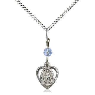 Sterling Silver Miraculous Medal with Light Sapphire bead Religious and Catholic Jewelry