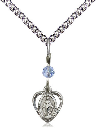 Sterling Silver Miraculous Medal with Light Sapphire bead Religious and Catholic Jewelry