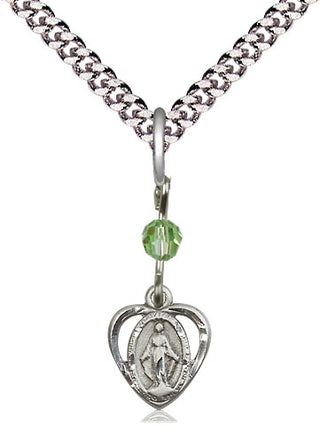Pewter Miraculous Medal with Peridot bead Religious and Catholic Jewelry